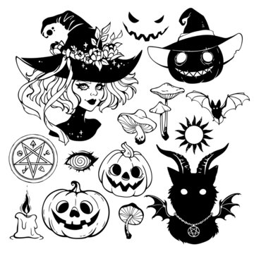 a set of black drawings and silhouettes on a witch theme on a white background
