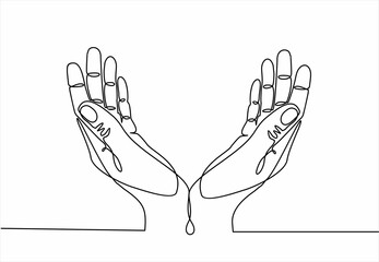 Continuous line drawing. Hands palms together. Support, peace, care hand gesture.Continuous one line drawing. Vector illustration