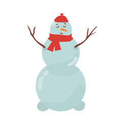Snowman with hat, scarf isolated on white background. Vector illustration.
