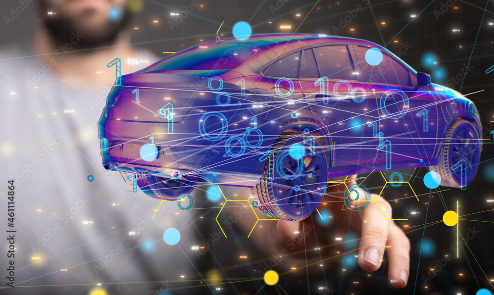 Aufkleber electric car icon from lines, triangles and particle style