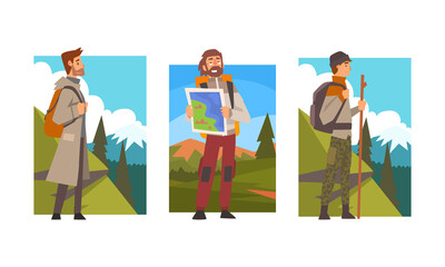 Man Traveller or Explorer with Backpack Standing and Looking Ahead Vector Set