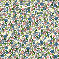 Floral seamless pattern. A pattern of small flowers and leaves.  A vector image in the style of doodles.
