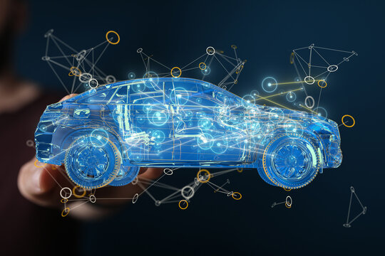 Man holding and touching holographic smart car - Powered by Adobe