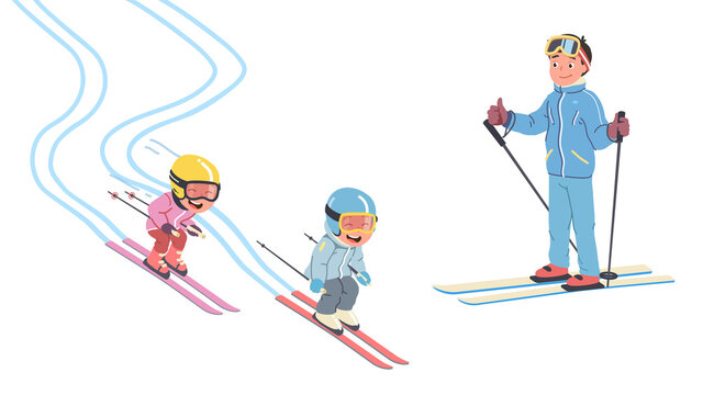 Father, daughter, son kids skiing on snowy slopes