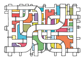 Many pipes of different sizes and diameters are intertwined to form a background, texture, pattern. Hand Drawn. Doodle.	