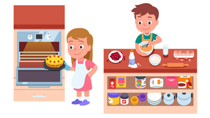 Kids bakers cooking cake or pie in kitchen