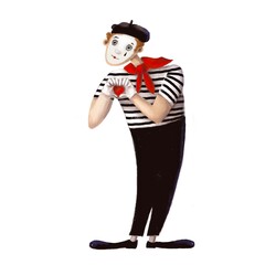 clown mime with red heart, watercolor style illustration, funny clipart with cartoon character
