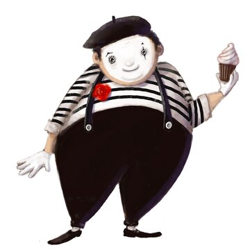 recommend clip art: clown mime with muffin, watercolor style illustration, funny clipart with cartoon character