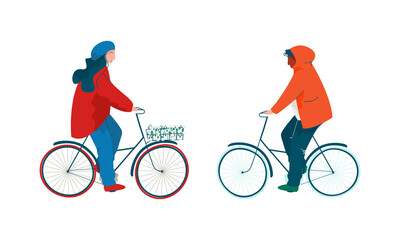 Man and Woman Character in Coat Riding Bicycle Carrying Snowdrops in Spring Season Vector Set