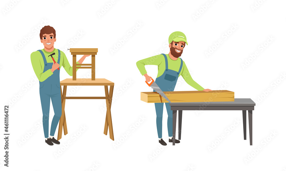 Sticker Professional Man Carpenter in Overall Hammering Nail and Sawing Wooden Block Vector Set