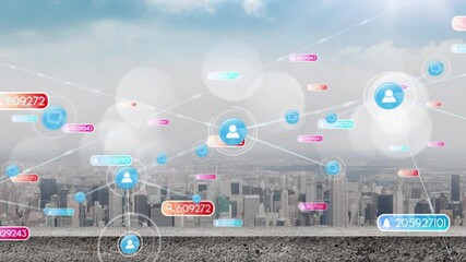 Animation of falling social media icons and emojis over cityscape - Powered by Adobe