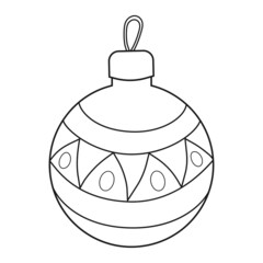 Colorless cartoon Christmas Ball. Black and white template page for coloring book with new year decoration. Christmas tree toy with ornaments. Practice worksheet or Anti-stress coloring page for kids.