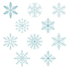 Fototapeta na wymiar Blue snowflakes set. Icon logo design. Ice crystal winter symbol. Template for winter design. 