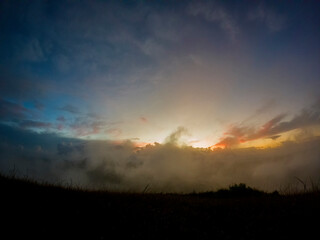 View of sunrise from top of 'Le Pouce' mountain located in Mauritius
