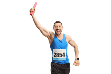 Happy man running a relay race with a baton in his hand