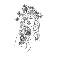 Woman face with butterfly and flowers. Line art female hands with butterflies. One line vector drawing. Portrait minimalistic style. Botanical print. Nature symbol of cosmetics.