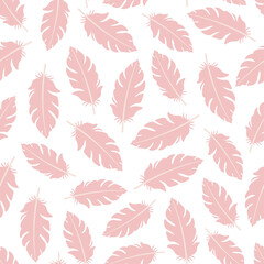 Obraz premium White seamless pattern with baby pink flamingo feathers.