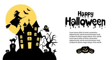 Happy Halloween banner. House with the ghosts. The witch flies on a broomstick