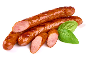Roasted sausages, isolated on white background.