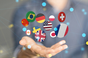 Global communication and international messaging concept, national flags of world