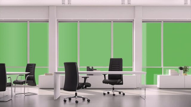 Empty office armchairs and tables on chromakey green screen window background. Business office space, chairs, table and window background for use in commercial video production