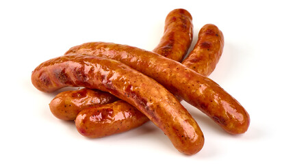 Roasted sausages, isolated on white background.
