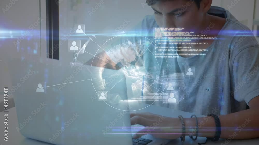 Poster animation of globe with icons and data processing over caucasian male student at school