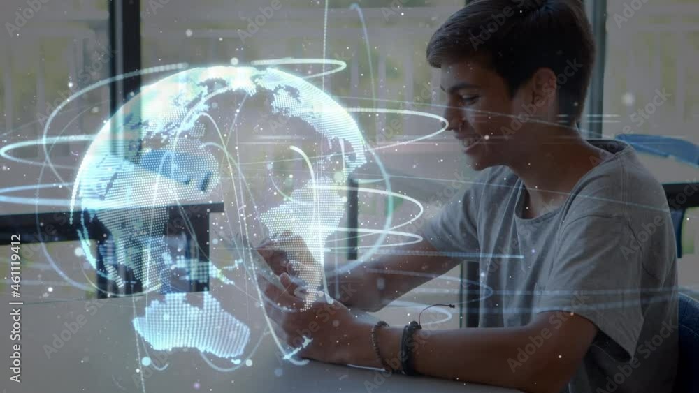 Poster animation of globe with icons and data processing over caucasian male student at school