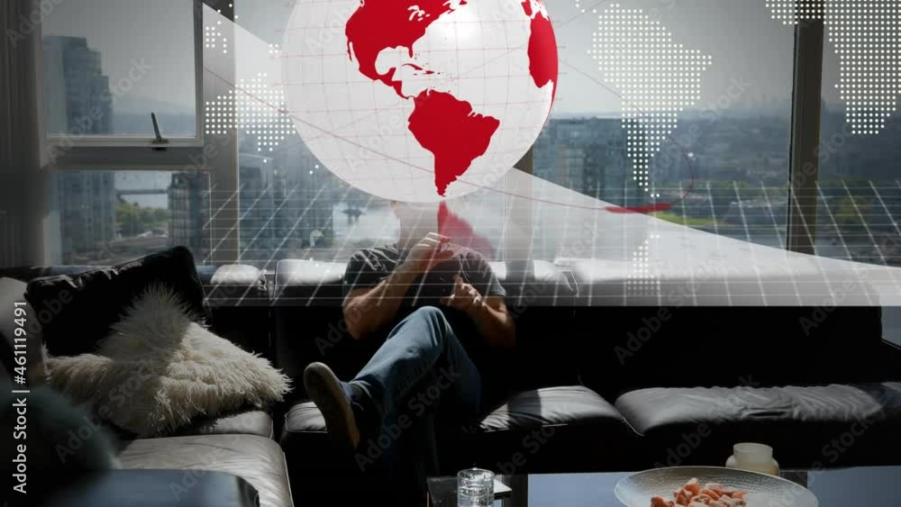 Poster animation of globe with network of connections over man using vr headset