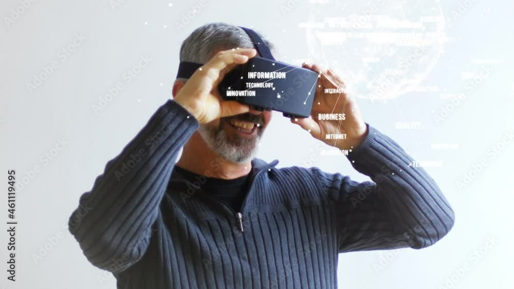 Poster animation of globe with network of connections over man using vr headset