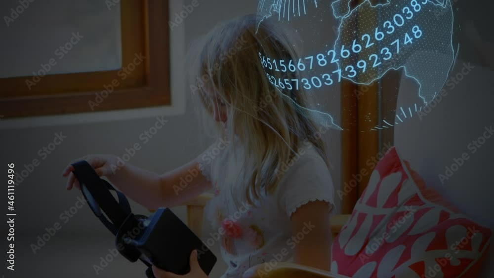Poster animation of globe with numbers changing over girl using vr headset