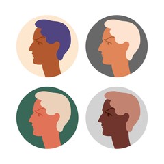 Flat style avatar for man, set of various portraits of young men, side portrait