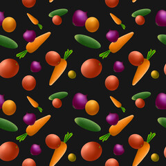 Seamless pattern of vegetables and fruit on a dark background. Seamless food background for gift wrapping paper.