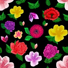 Seamless pattern with flowers on black background