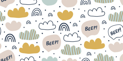 Kids hand drawn colorful seamless pattern with rainbows, clouds, beep sign. Scandinavian design. Print for babys design. Kids pattern