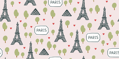 Vector seamless pattern with eiffel tower, trees, hearts and paris sign on pink. Stylish parisian pattern design on pink background. Perfect touristic design of Parisian landmark. Vector urban sketch - 461120021