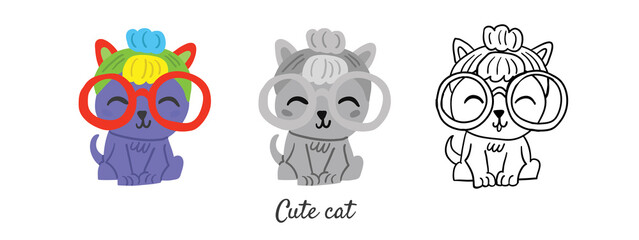 Vector set with cute cat character in colored style, black and white, outline isolated on white. Simple minimalistic cute cats in cartoon style perfect for coloring book. Cute kitty character