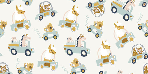 Vector naadloze patroon met schattige dieren rijden auto, vrachtwagen - beer, krokodil, giraffe, lama, nijlpaard, aap, kat, konijn op lichte achtergrond. kinderachtig naadloos patroon voor jongens en meisjes