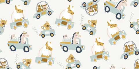 Foto op Plexiglas Vector naadloze patroon met schattige dieren rijden auto, vrachtwagen - beer, krokodil, giraffe, lama, nijlpaard, aap, kat, konijn op lichte achtergrond. kinderachtig naadloos patroon voor jongens en meisjes © tanya