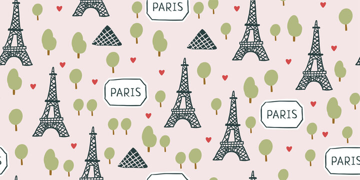 Vector seamless pattern with eiffel tower, trees, hearts and paris sign on pink. Stylish parisian pattern design on pink background. Perfect touristic design of Parisian landmark. Vector urban sketch