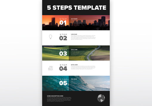 Five Stripe Steps Vertical Progress Page Layout with Big Photo Placeholders
