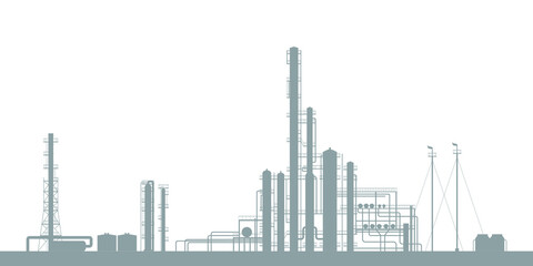 Gas processing plant. Oil refinery. Silhouette of an industrial landscape. Vector stock flat illustration of the oil industry isolated on a white background.