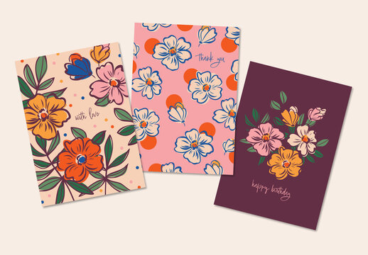 Greeting Card Layouts with Hand Drawn Flowers Illustration