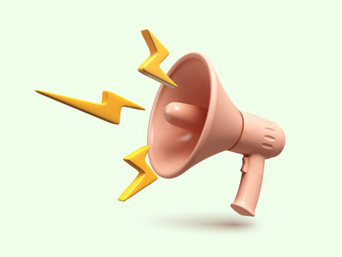 Marketing or advertising concept, 3d megaphone loudspeaker with yellow lightnings. Realistic vector illustration