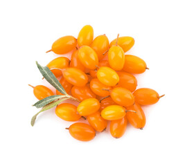 Fresh ripe sea buckthorn berries with leaves on white background, top view