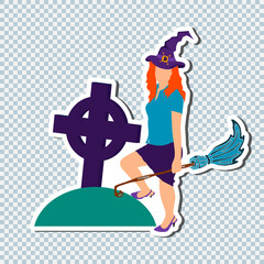 Happy Halloween sticker. Young girl witch with broomstick. Holiday banner, poster, invitation greeting card, sale placard, flyer element.  Vector illustration