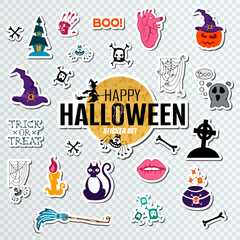 Set of Halloween sticker sign, badge, label or logo design. Happy Halloween cute element with traditional cartoon character isolated on transparent background. Vector illustration
