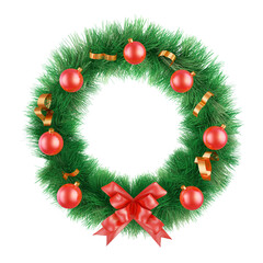 Fototapeta na wymiar Christmas wreath with ribbons and balls on a white background. 3d render.