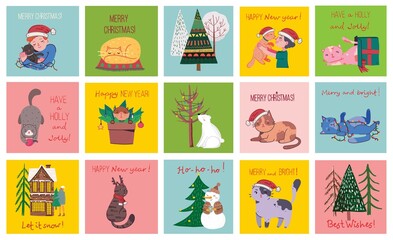 Fototapeta na wymiar Vector set of winter Christmas trees and sun, snow, snowflake, bush, cats, people for Creating own New Year and Christmas illustration cards