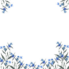Obraz premium Watercolor background of color leaves and blue flowers. Watercolor fabric. Use for design invitations, birthdays, weddings.